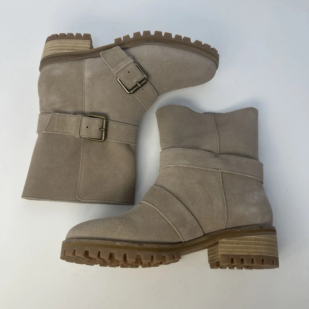 Splendid Karlyn Taupe Suede Ankle Booties Size 5 Double Buckle Moto NIB